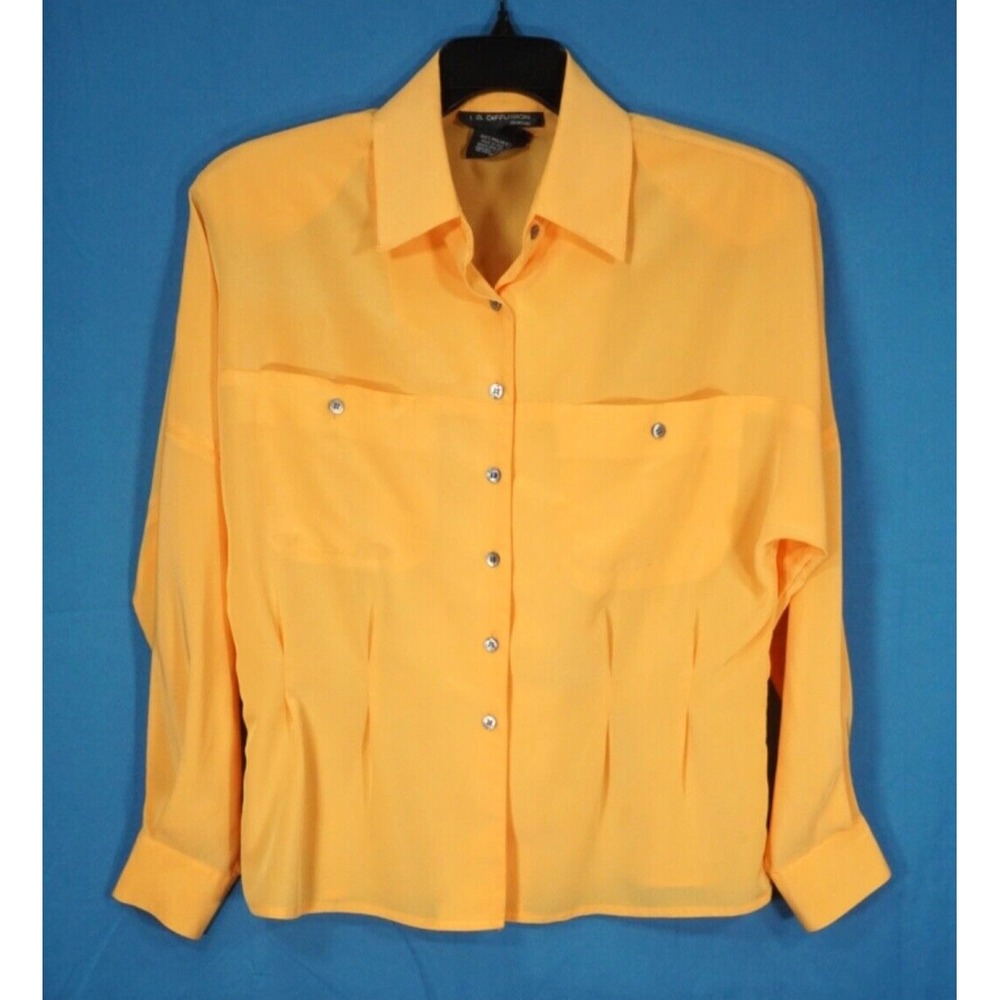 Vintage IB DIFFUSION BLOUSE Button-Up SILKY SECRETARY Vibrant Yellow/Orange 12